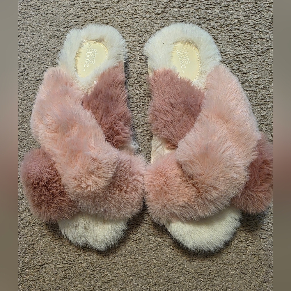 Fuzzy Pink and Cream Slippers Size 7/8